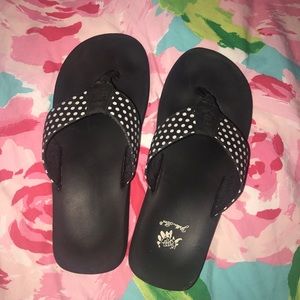 Yellow box flip flops black white polka dot 8.5